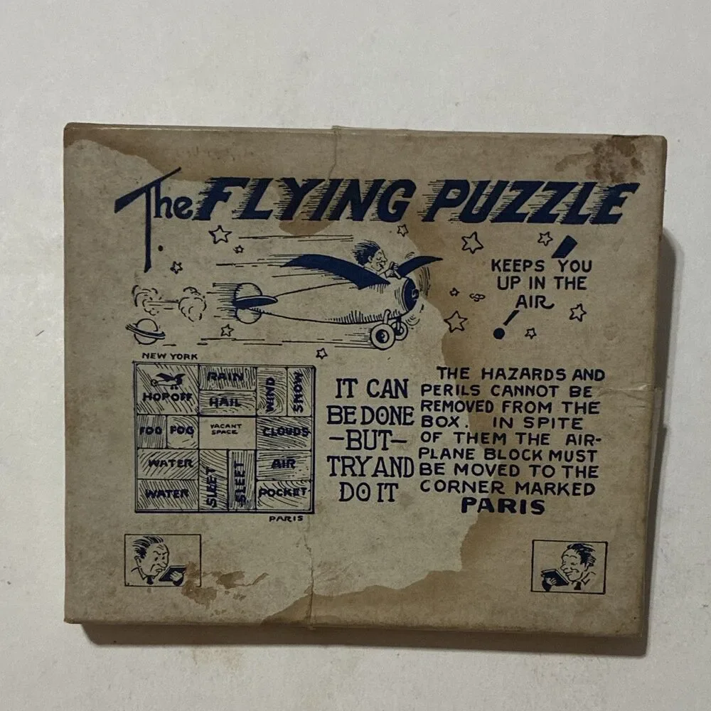 Antique c1928 The Flying Puzzle Lindbergh NY Paris Wood Sliding Block Complete
